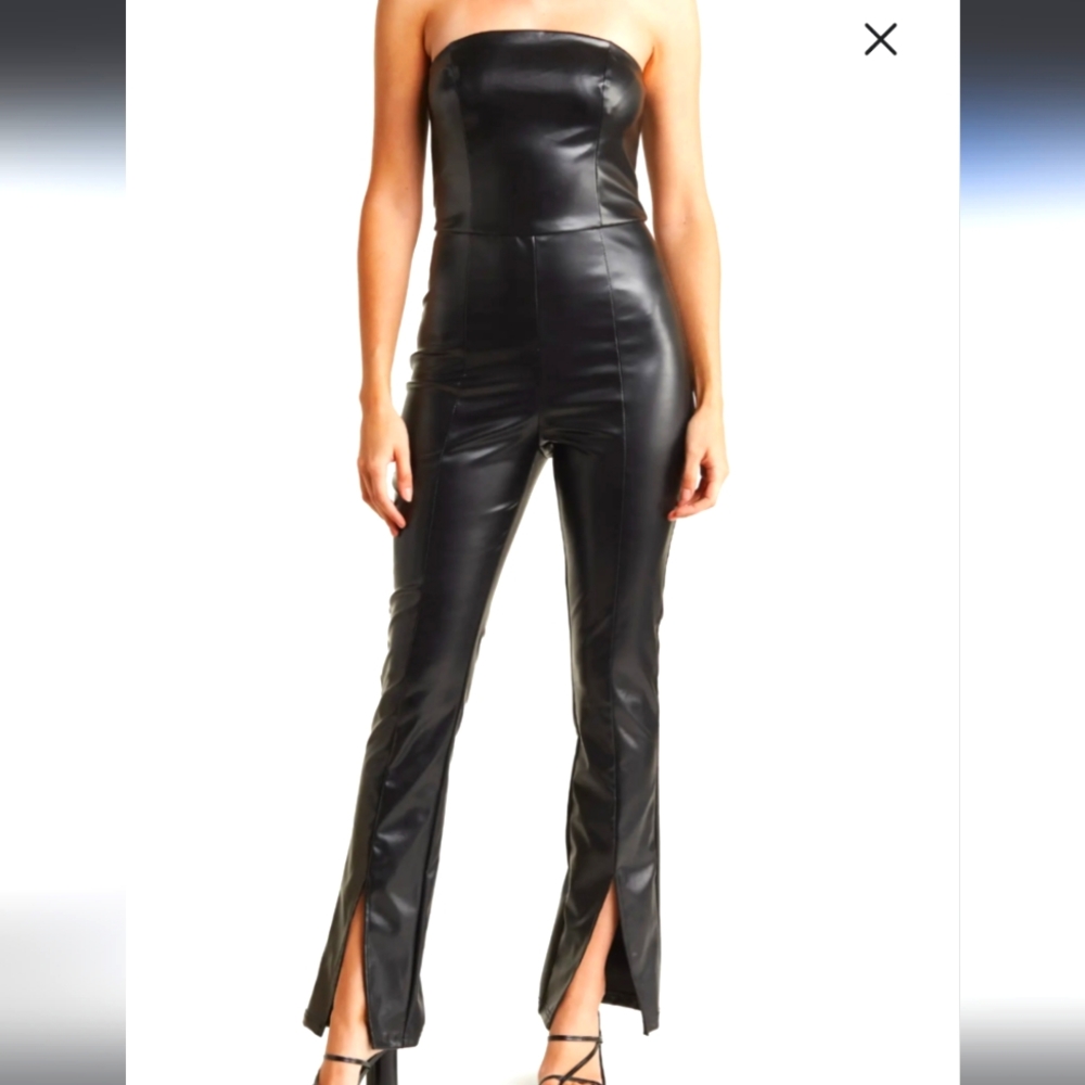 bebe vegan leather jumpsuit